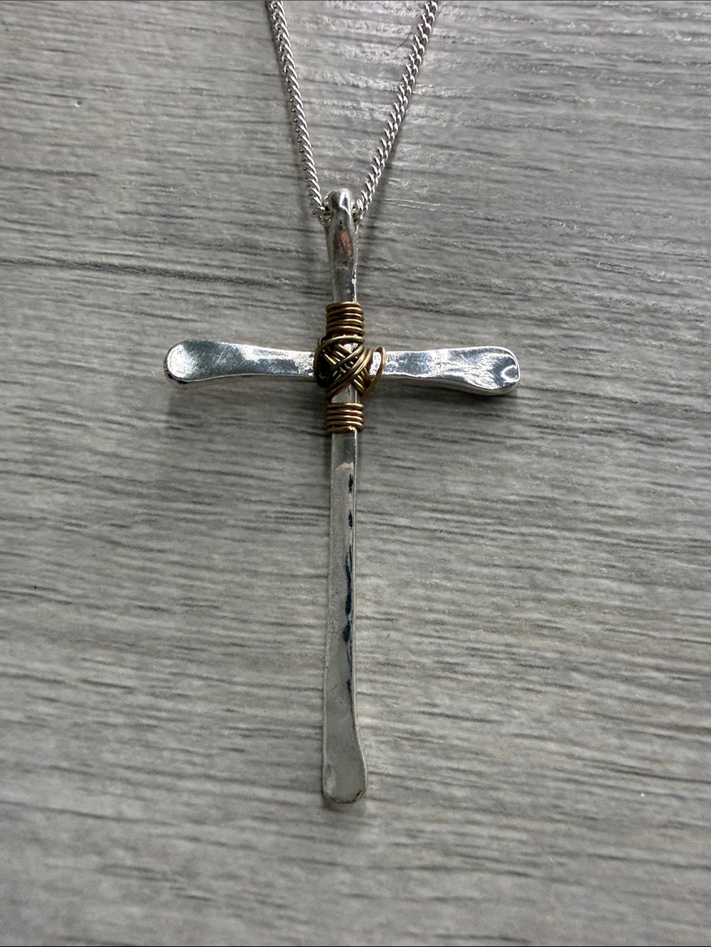 Silver Cross Pendant Necklace with Gold Wire Accent - Women's Jewelry